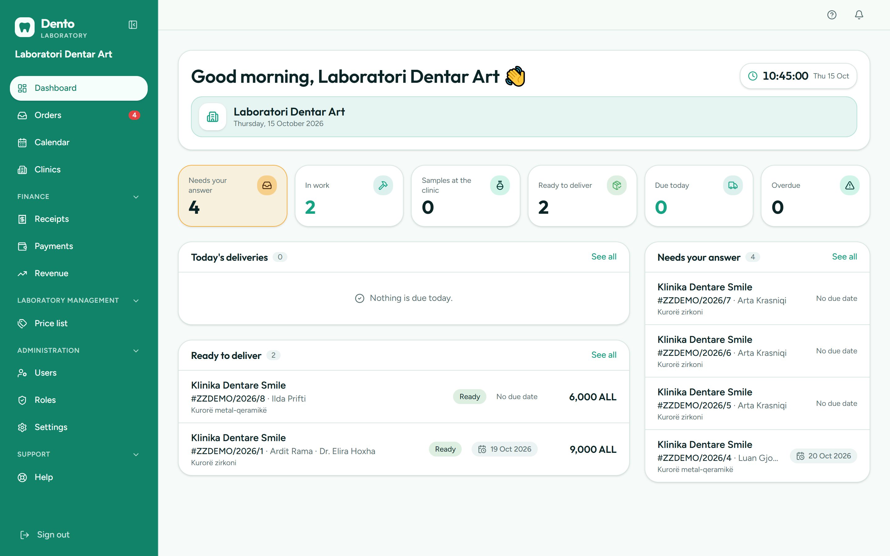 The day opens: New requests, what leaves today and for which clinic, and anything overdue — before the first coffee.