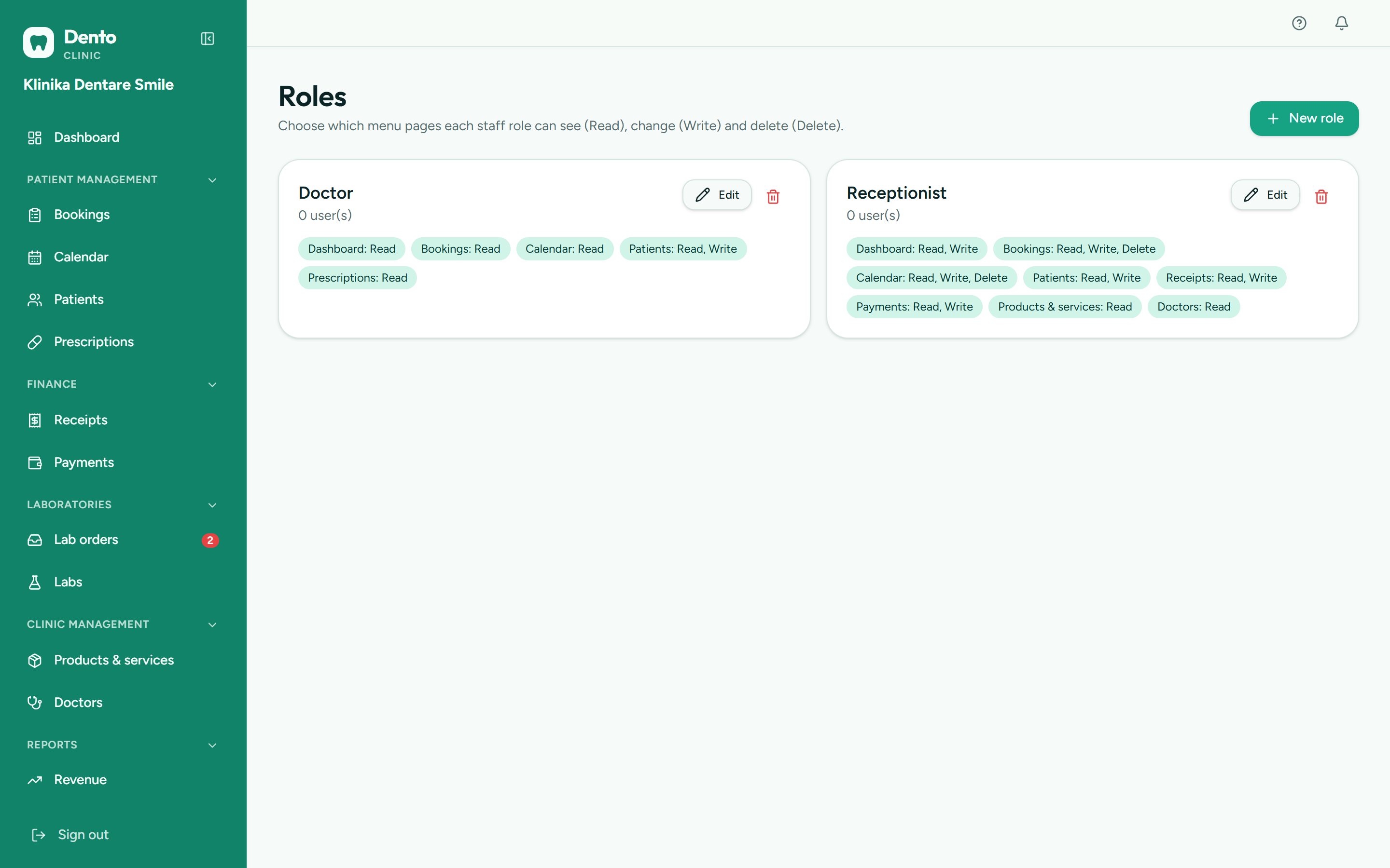 Dento roles: choose what each staff role can see and do